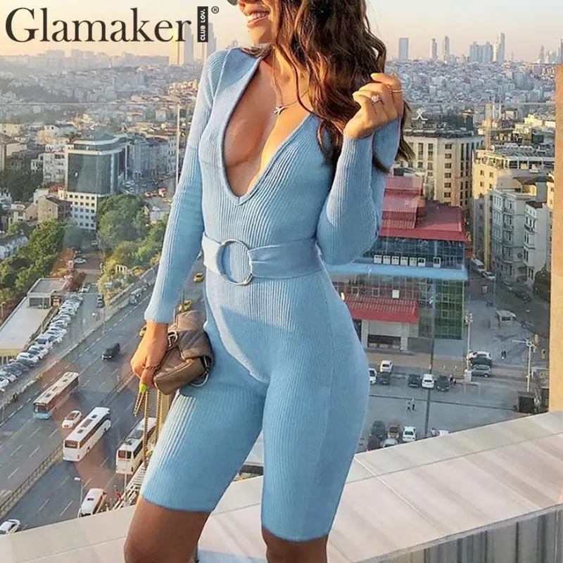 

Glamaker Deep v neck knitted playsuit Autumn women belt bodycon short jumpsuit rompers Streetwe party streetwear overalls winter