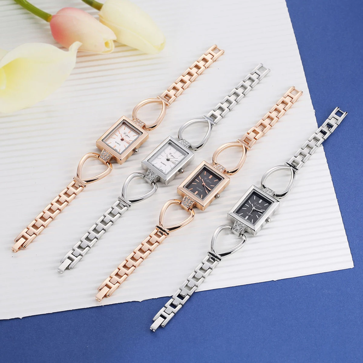 Luxury Brand Stainess Steel Dress Watches Girls Quartz Watch Bracelet Watch Ladies Fashion Women Dress Crystal Square Wristwatch