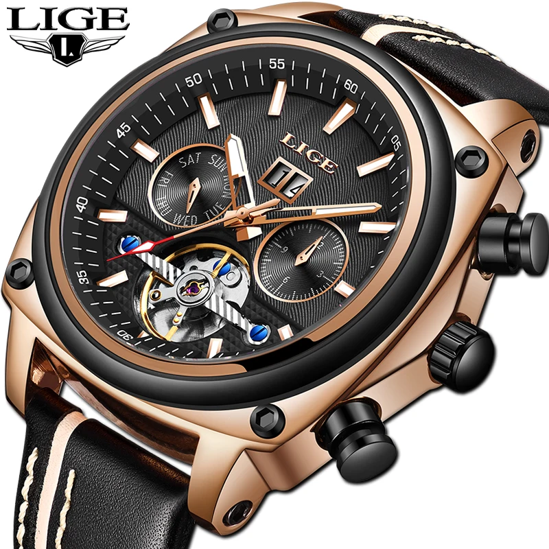 

Men Watches Top Brand LIGE Fashion Tourbillon Automatic Mechanical Watch Men Casual Leather Waterproof Sport Watch Male Relogio
