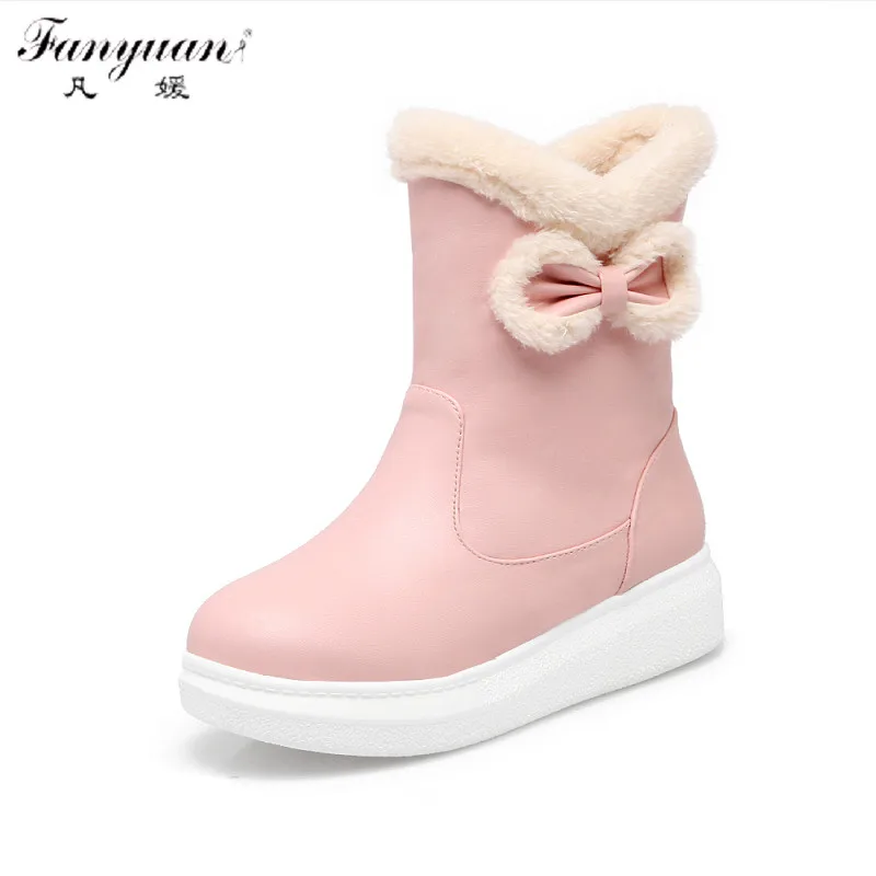 

2017 New Arrival Slip- On Ankle Round Toe Woman Fashion Plush Winter Snow Boots with Bowtie Decoration
