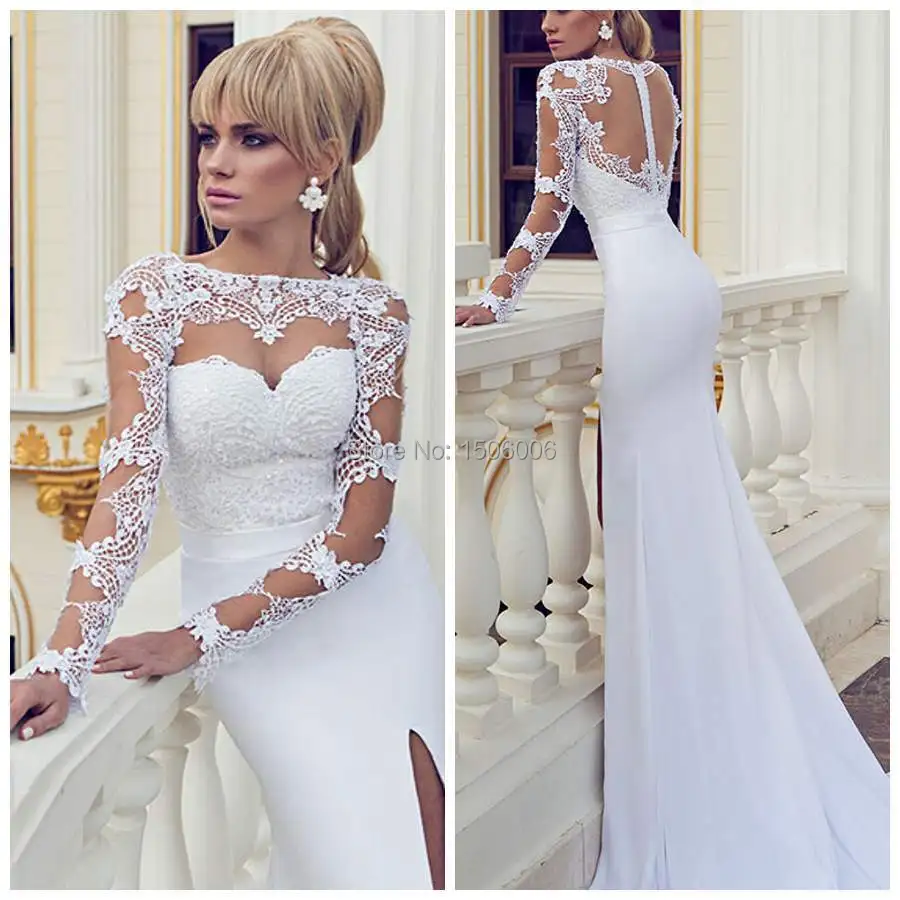 Front Sheer Full Sleeves Wedding Gowns Autumn 2016 See Through Front Sheer Full Sleeves Wedding Gowns Autumn 2016 See Through Back Exquisite New Arrvial Dress Custom Made Szj009 In Dresses From