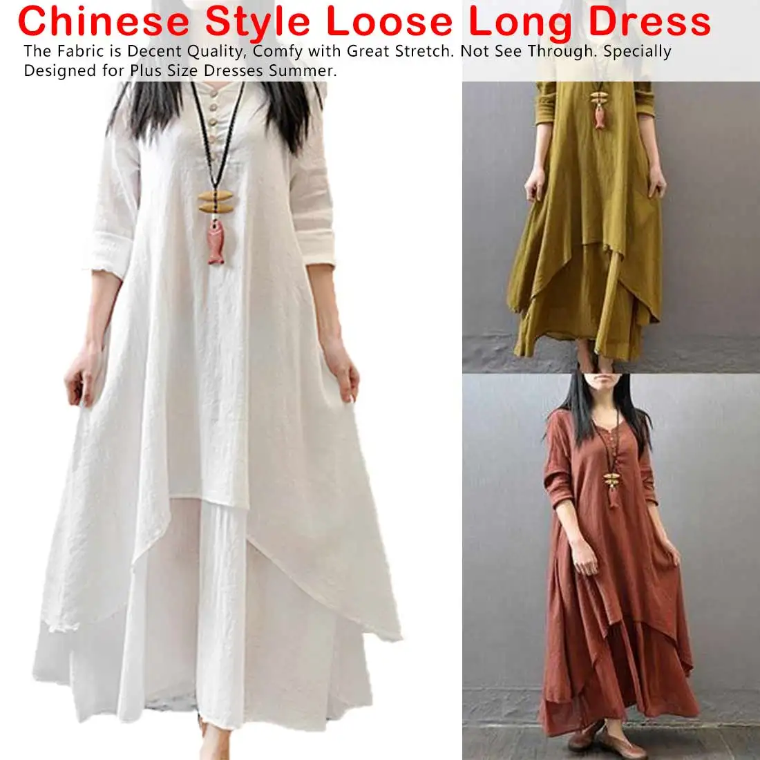 

2019 New Women Summer Cotton Linen Long Maxi Dress Long Sleeve O-neck Chinese Style Loose Beach Style Long Dress