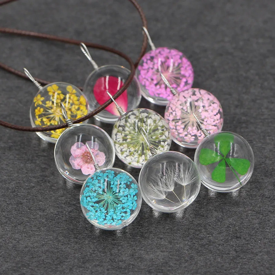 

Mori girl love Harajuku handmade real natural DIY Dried Flower peach/clover/dandelion glass ball Pendant leather chain necklace