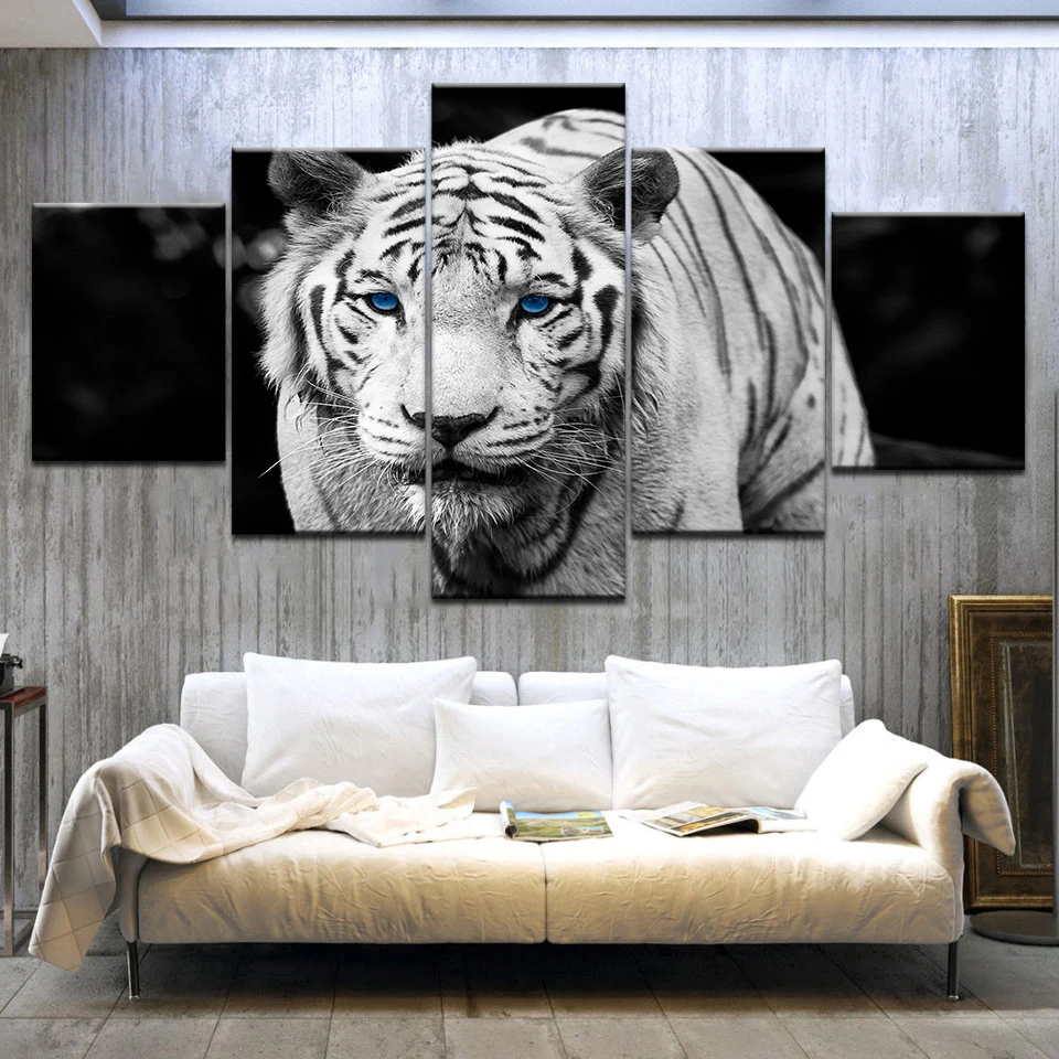 

5Panel/piece The White Tiger blue eyes animal Print On Canvas Art Painting For home living room decoration