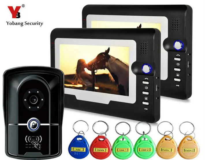 Yobang Security 7\ Video Door Phone Intercom System Waterproof RFID Keypad IR Camera Home Security Intercom Kits With 2 Monitors