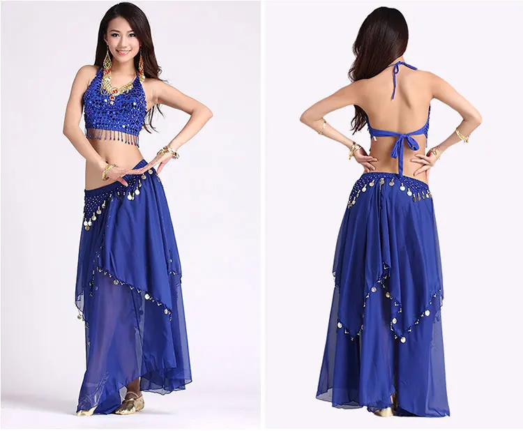 Women Belly Dacing Clothing 5 Flowers Top+Gold Coins Skirt 2pcs Belly Dance Suit For Lady Belly Dance Clothes - Цвет: Синий