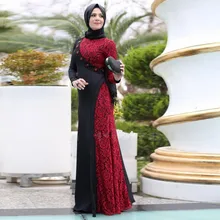 2017 Elegant Muslim Evening Dresses High Neck Long Sleeves Beads Black and Red Lace Party Robe De Soiree with hijab Custom