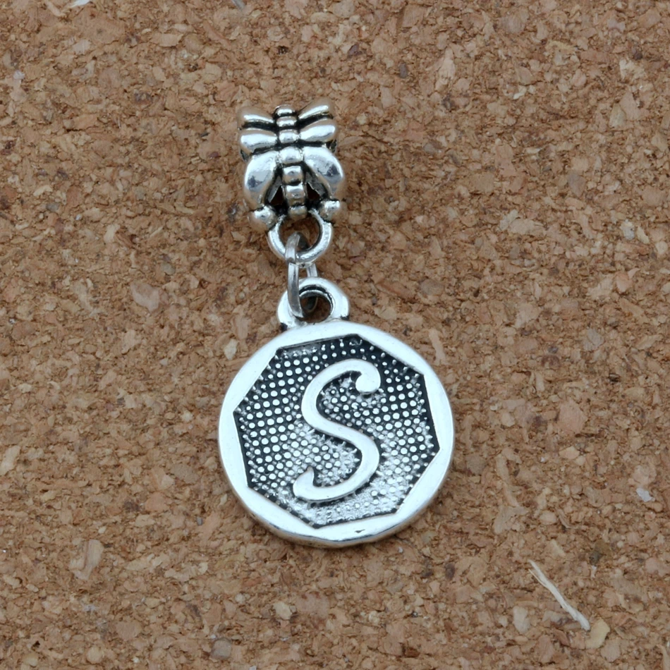 

10pcs Double sided Initial Alphabet Disc "S" Charm Big Hole Dangle European Beads Fit Charm Bracelet Jewelry DIY Antique silver