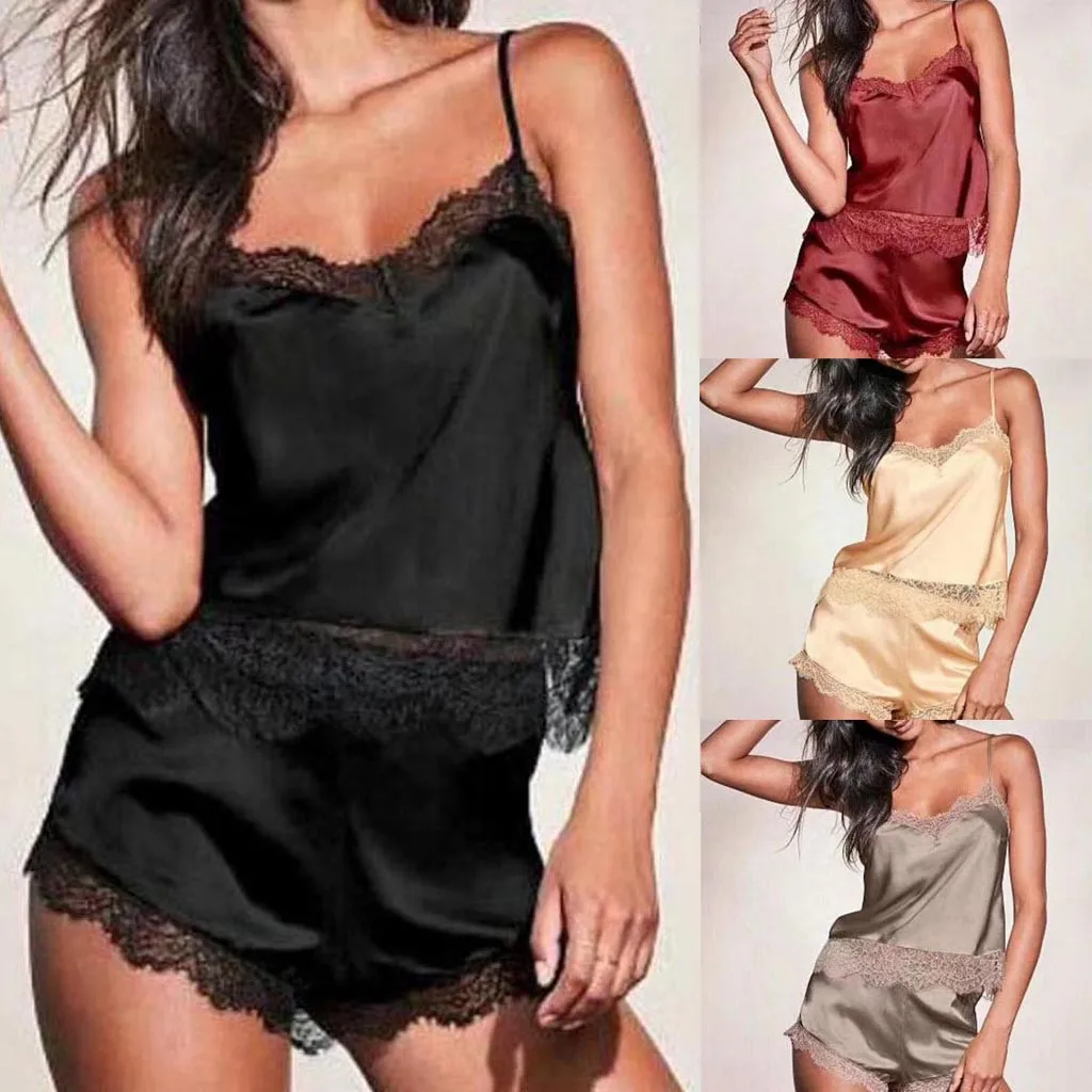 

2019 Hot Sale Summer Ladies Sexy Satin Silk Sleepwear Lingerie Nightwear 2Pcs Pyjamas Suit For Ladies Fashion Home Clothes