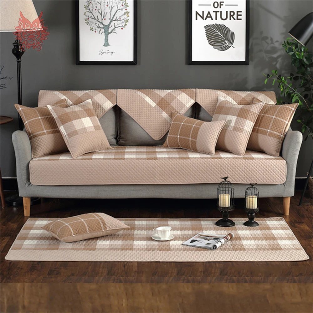 Modern style blue coffee plaid quilted cotton sofa cover for living