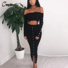 CWLSP 2018 Autumn Slash Neck Women Dress Two Pieces Set Crop Top Long Sleeve Off Shoulder Ribbed Dress With Rivet Split Vestidos CWLSP 2018 Autumn Slash Neck Women Dress Two Pieces Set Crop Top Long Sleeve Off Shoulder Ribbed Dress With Rivet Split Vestidos