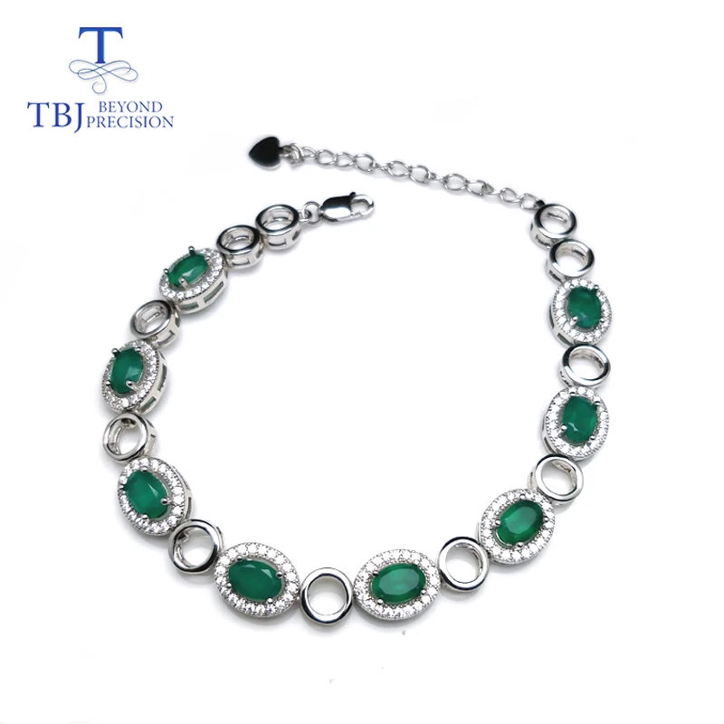 

TBJ,100% natural 5ct green agate gemstone classical bracelet with chain in 925 sterling silver jewelry for women with gift box