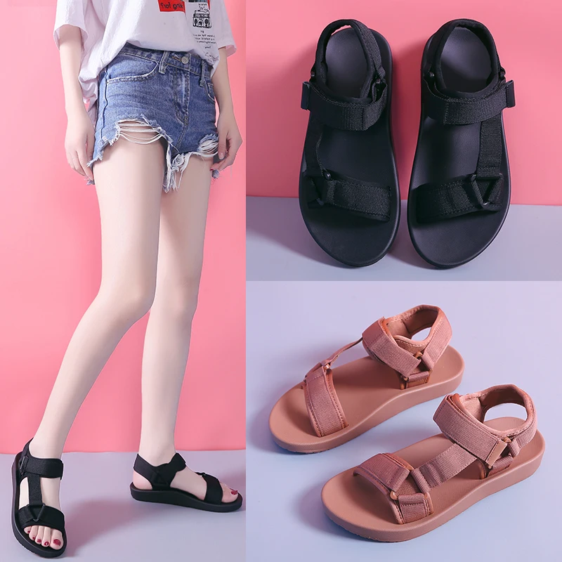 

2019 Summer New High Rise Buckle Women Casual Sandals Flat Comfortable Wild Platform Sandals Student Sport Beach Sandals Black