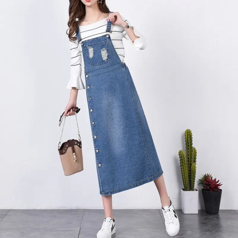 

Fashion Blue Maxi Denim Dress Women Suspenders High Waist Holes Jeans Dresses Big Size 6XL Button Bib Overalls Dress kleid X1809