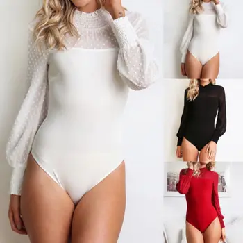 

Women Long Sleeve Bodycon Bodysuit Leotard Tops Solid Red Black White Solid Jumpsuit Romper