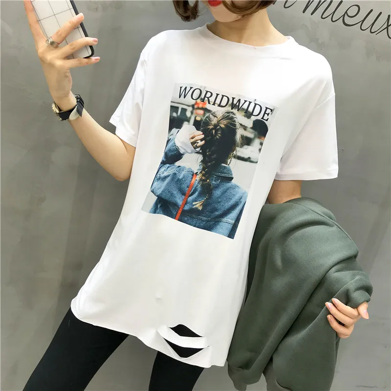 

Mr.nut 2019 spring and summer new Korean version of the loose hole in the long section of fashion short-sleeved T-shirt women