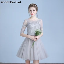 SOCCI Cinza Curto Vestidos Cocktail 2017 Vestidos de Três Quartos Mangas Lace Tulle Prom Vestido Formal Vestido de Festa Vestido de Vestidos de Casamento curtos