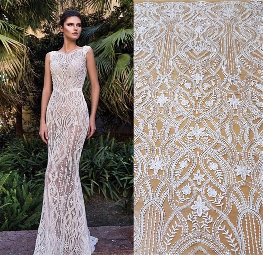 

Ivory-white Summer Lace Wedding Dress Lace Fabric soft Mesh Sequins Embroidered Lace Fabric DIY Material Width 130cm 1yard