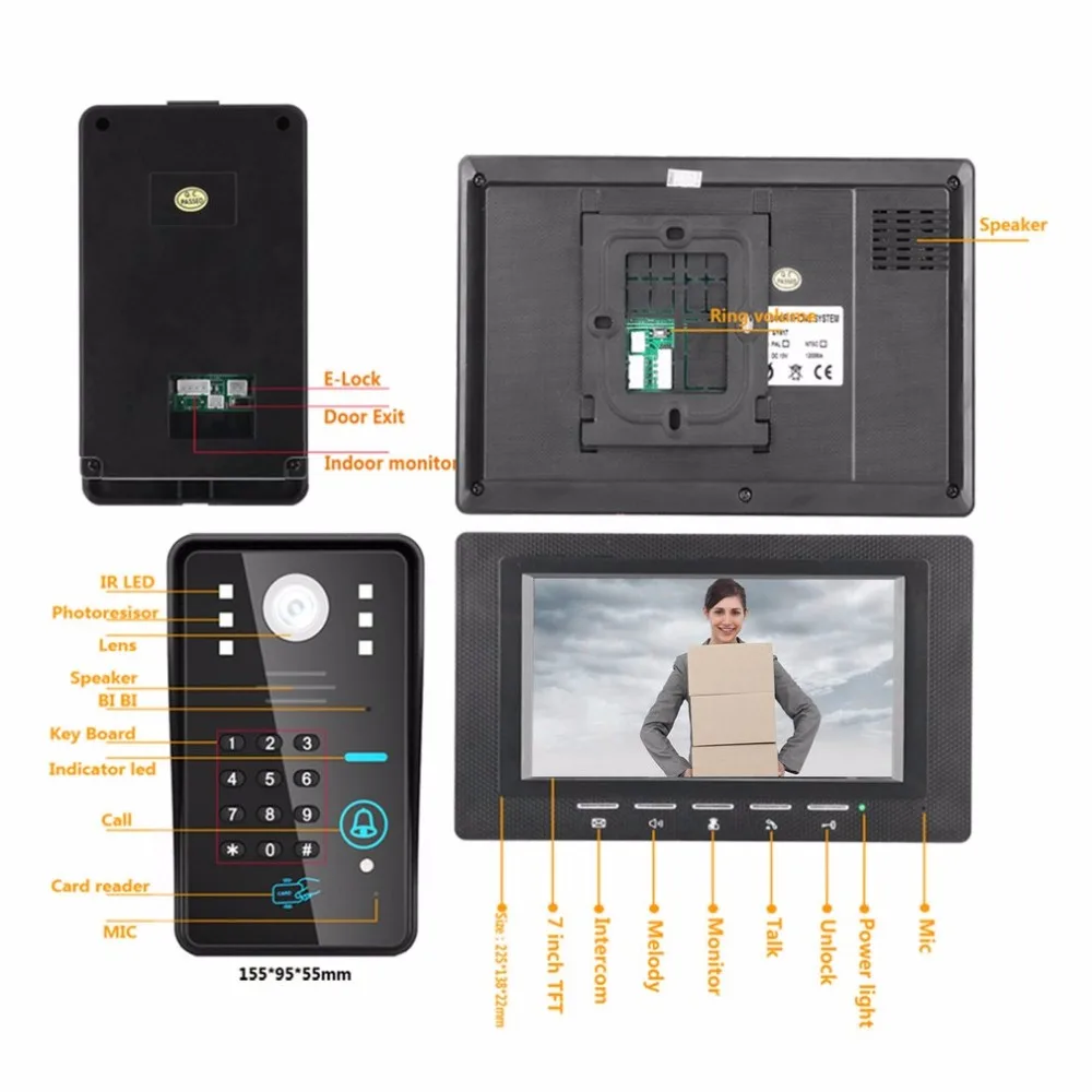 7 дюймов 1V1 RFID пароль монитор видео домофон дверной звонок с ИК-камерой ночного видения 1000TV линия система контроля доступа