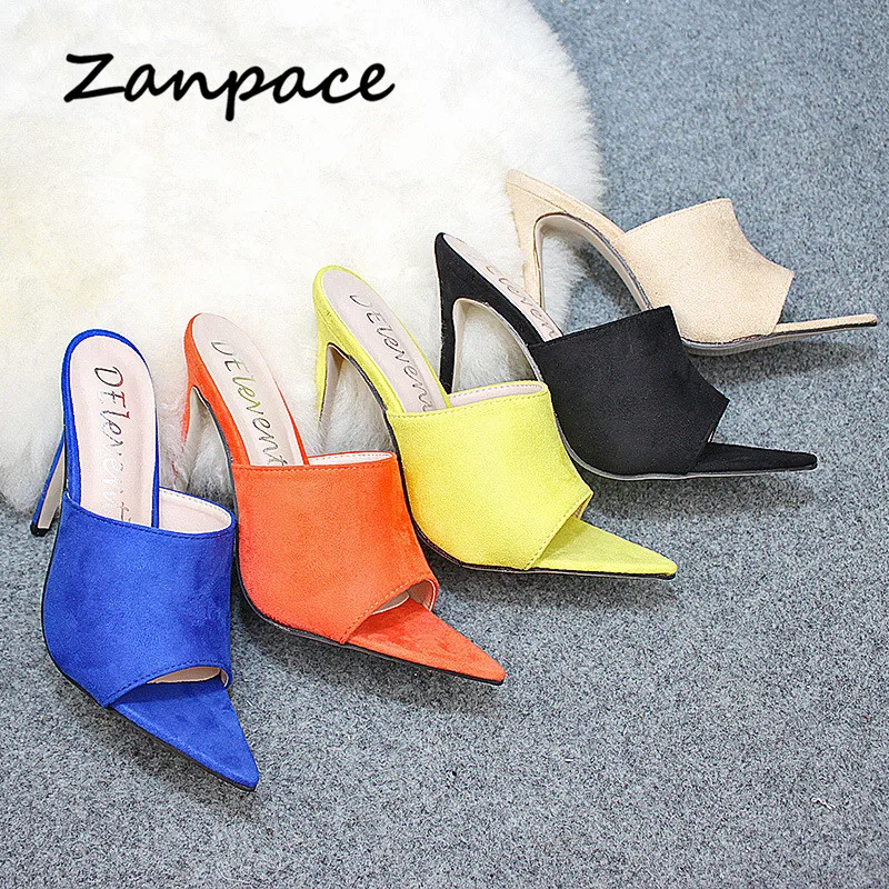 

Zanpace Europe Women Slippers Large Size 35-43 High Heel Womens Shoes Sexy Pointed Top Slides 2019 5 Colors Flip Flops Women