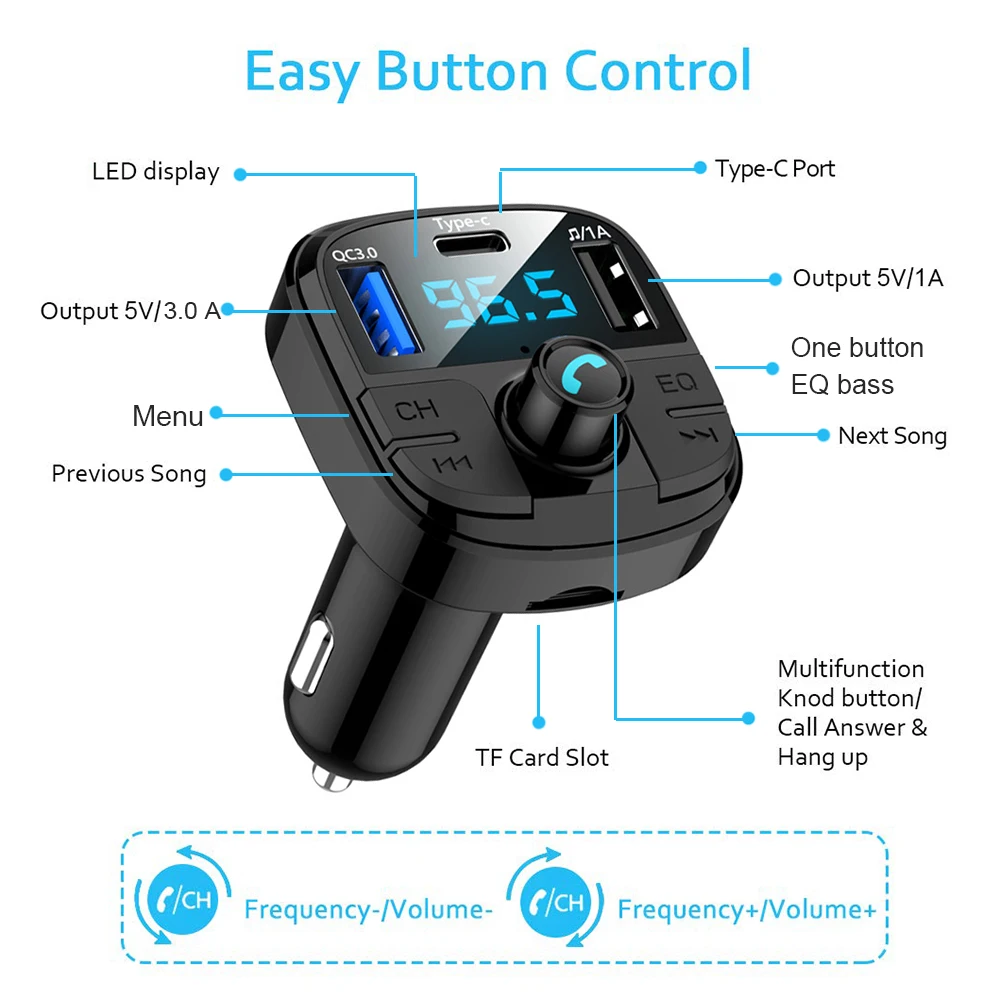 JINSERTA Bluetooth 5,0 Автомобильный Mp3 музыкальный плеер QC3.0 FM трансимтер модулятор двойной USB и type-C зарядное устройство с TF U диск