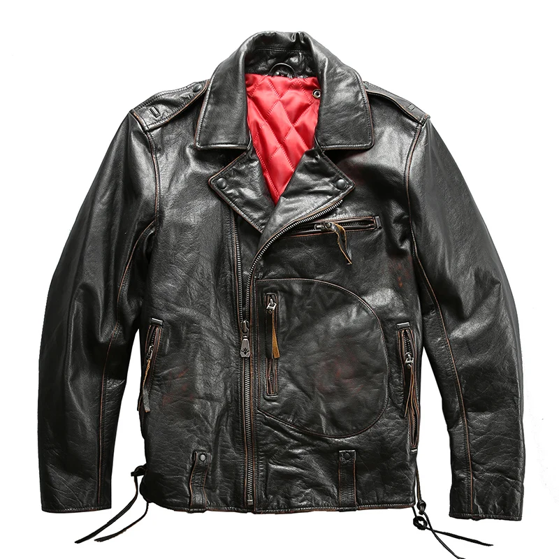 

2020 Vintage Black Men Slim Fit Biker's Leather Jacket Plus Size 6XL Genuine Thick Cowhide Russian Motorcycle Leather Coat