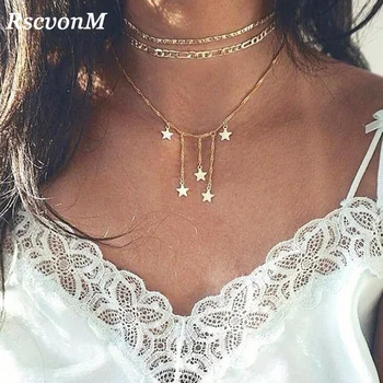 

RscvonM Boho Star Moon Multi Layer Pendant Necklace for Women Bohemian Flower Necklaces Vintage Fashion Collar Costume Jewelry