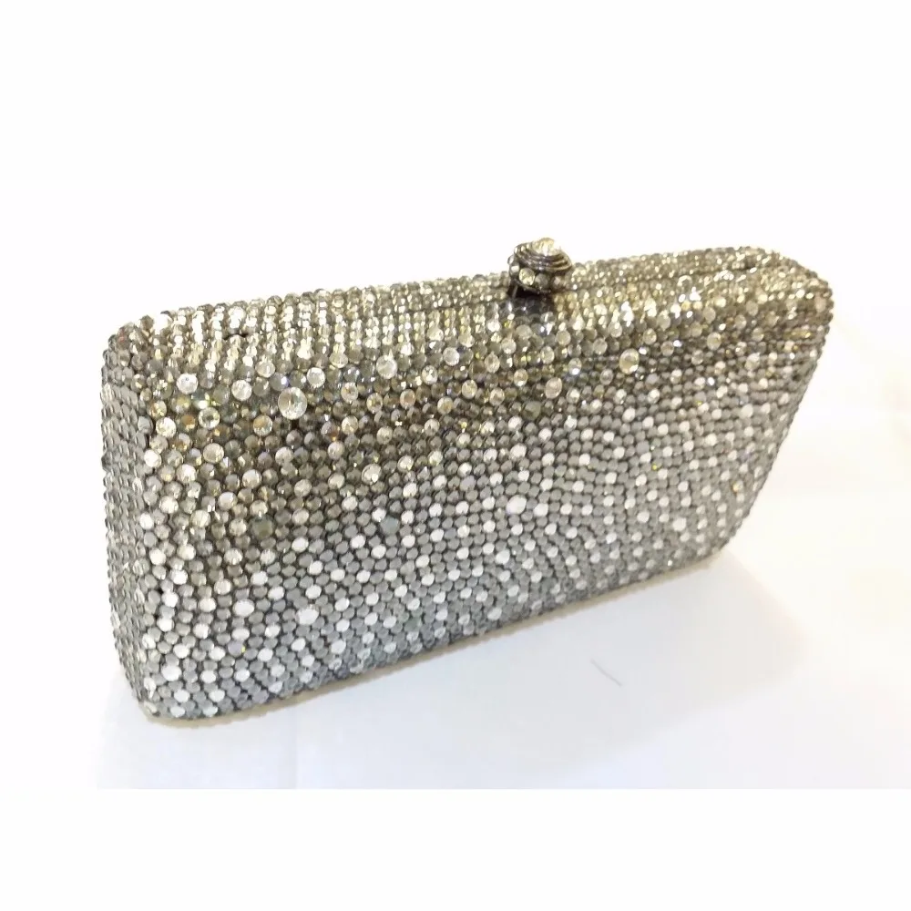 7764GC Grey mixed Clear Crystal Lady fashion Bridal Party Metal Evening purse clutch bag case box