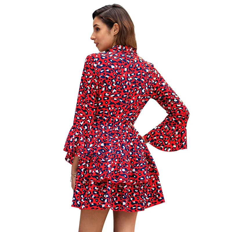 GOPLUS Leopard Chiffon Dress Women Lace up Bow Sexy V Neck Flare Sleeve Mini Dress Lady 2019 Spring Casual Elegant Vestido Femal GOPLUS Leopard Chiffon Dress Women Lace up Bow Sexy V Neck Flare Sleeve Mini Dress Lady 2019 Spring Casual Elegant Vestido Femal