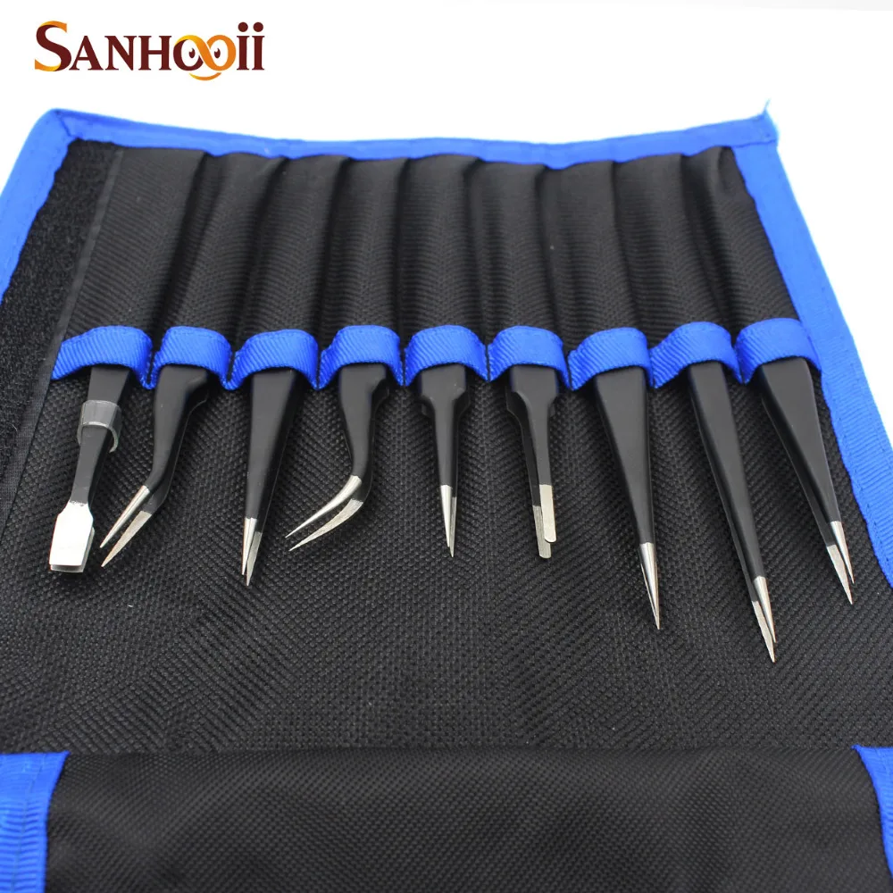 Sanhooii 9PCS ESD Stainless Steel Tweezers Kit Precision Anti-static Maintenance Tools for Electronics Jewelry Phone Repairing