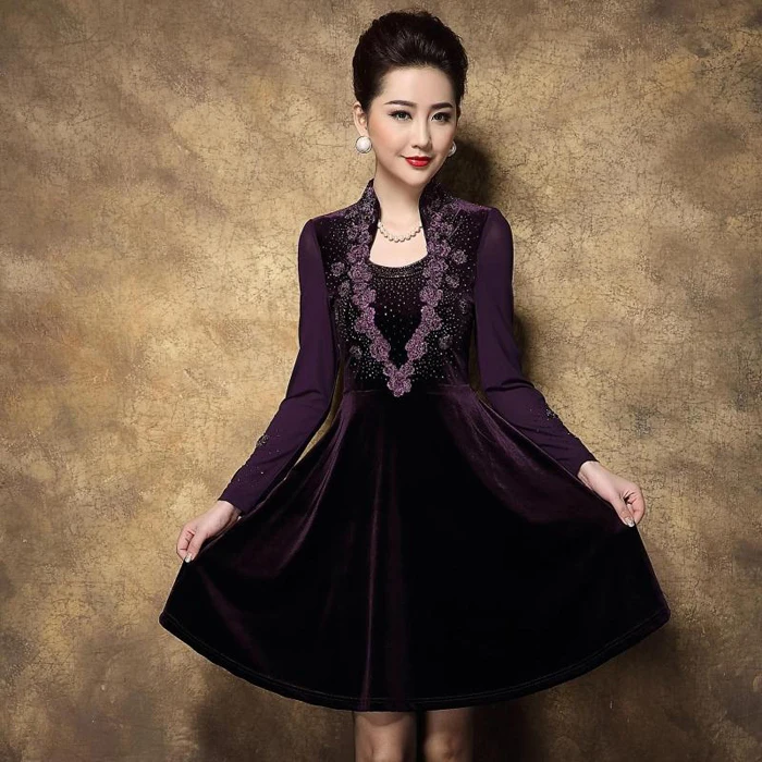 

2018 Autumn Women's Dress Elegant Top Quality Velvet Embroidery One-Piece Dress Long-Sleeve Spain Vestidos