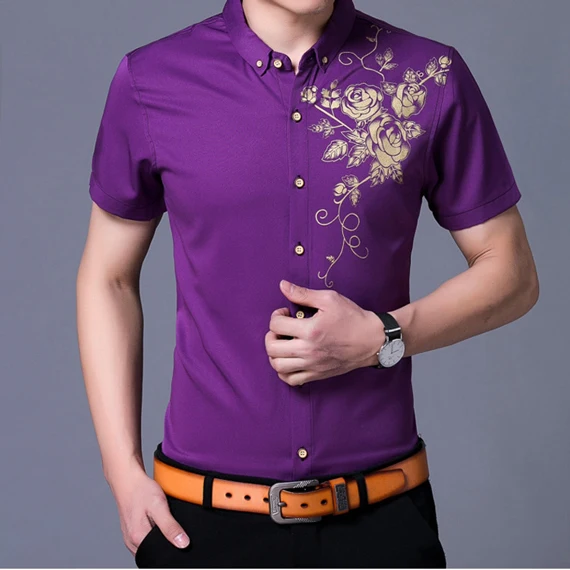 Gold Rose Print Button Down Black Shirt 