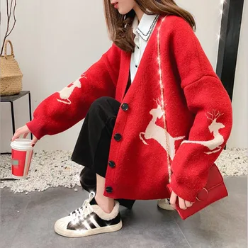 

Fashion casual student knit cardigan female 2019 spring new Korean lazy style V-neck deer print single-breasted sweater coat