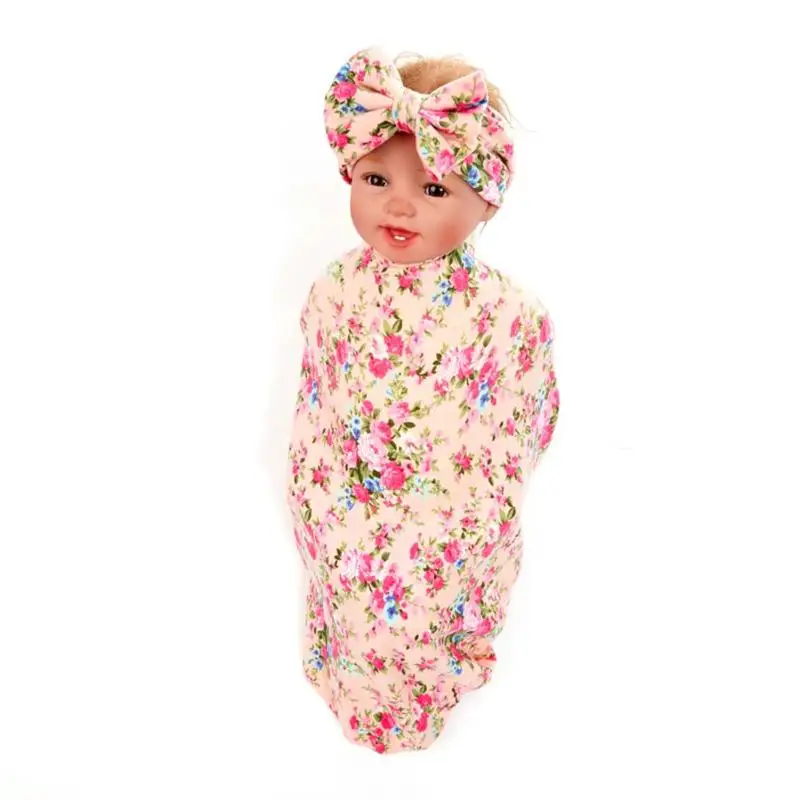 

2pcs/set Cute Infant Baby Bowknot Flower Print Swaddle Blanket Hairband
