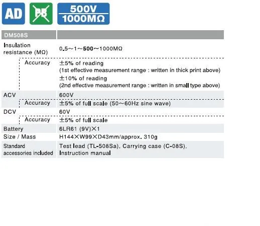 Sanwa DM508S тестовые аппараты изоляции одиночный диапазон напряжения, DC500V-1000Mohm