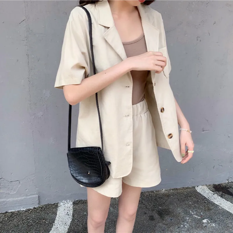 

Women Summer Cotton Suit Two Piece Set Outfits Ensemble Femme Short Sleeve Blazers Coat with Elastic Waist Short Pants
