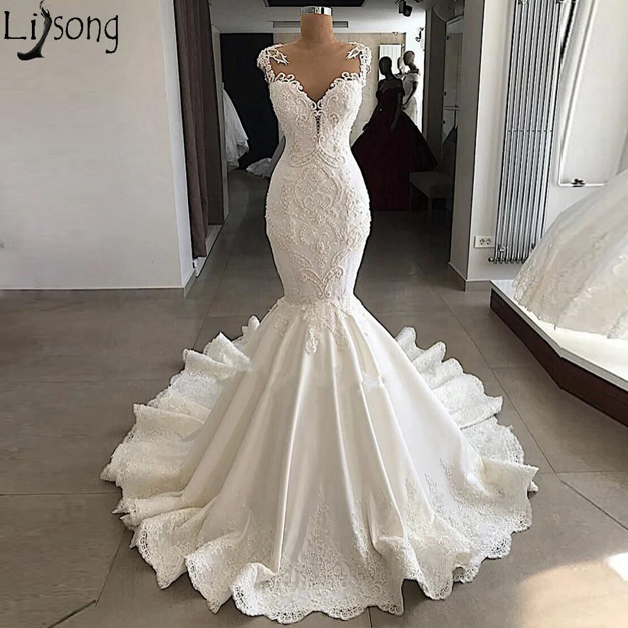 2019 Sheer Mesh Top Lace Mermaid Wedding Dresses Satin Applique Beaded Seen Through Back Sweep Train Wedding Bridal Gowns 229