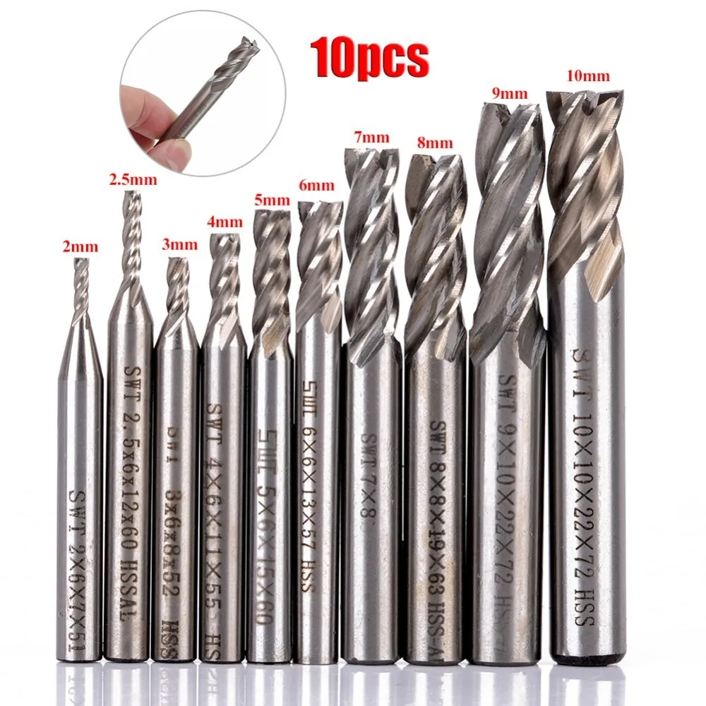 10 pcs/Set 2 10 mm HSS Milling Cutter Set 4 Flute Super Tough Straight