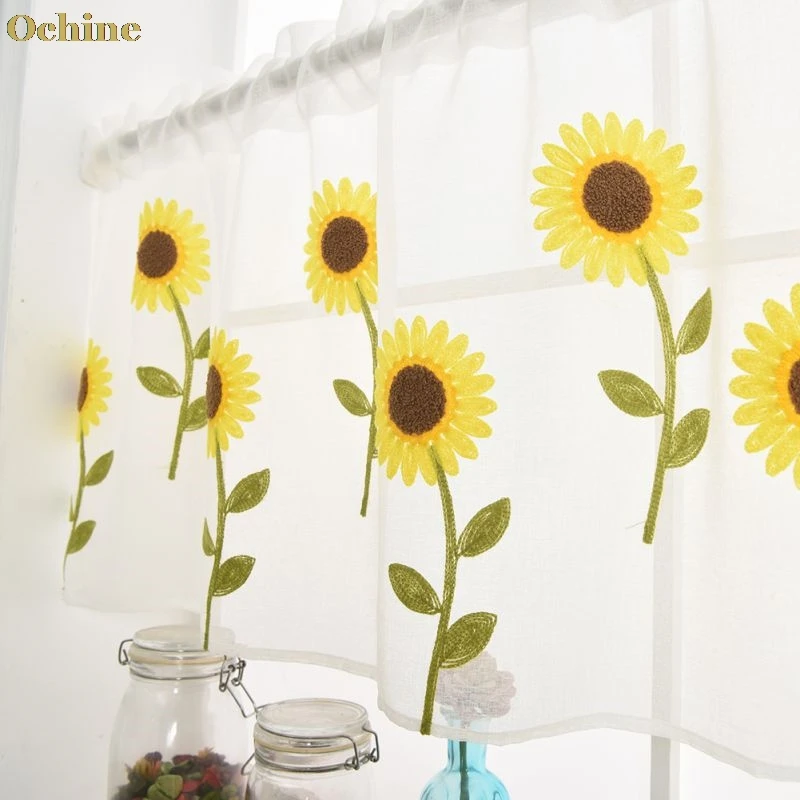 

OCHINE Wear Rod Daisy Embroidery Short Curtain Pastoral Shade Kitchen Curtains Half Curtain Short Panel Drapes Valance 50*150cm