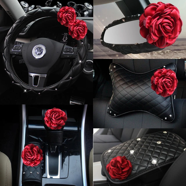 Rote Rose Blume Auto Sitz Innen Zubehör Leder Lenkrad Abdeckung Auto  Kristall Kopfstütze Unterstützung Handbremse Shifter Abdeckung - AliExpress