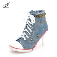 

shadeng 2018 new high heels, fashionable women's shoes, denim, Roman style
