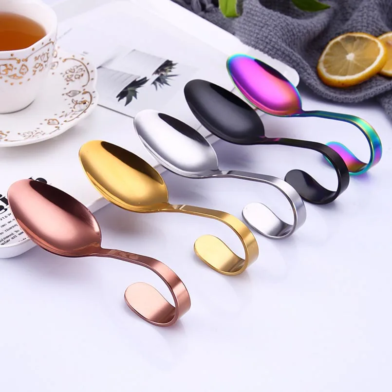 

Stainless Steel Curved Handle Spoon Rainbow Rose Gold Cutlery Curved Handle Spoon Serving Buffet Salad Flatware Kitchen Supplies