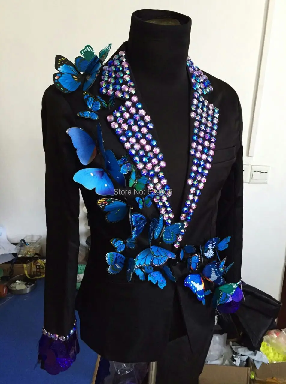 Мужской танцор певец со стразами синяя куртка с бабочками костюм Go-Go одежда на заказ мужская верхняя одежда Костюмы Пальто шоу