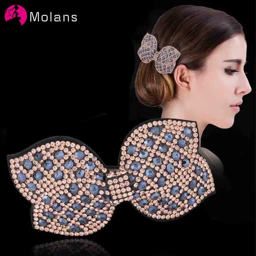 

Molans New Rhinestone Bowknot Hairpins Vintage Suede Plaid Bow Hair Clips Champagne Rhinestones Hairpin Girls Hair Accessories