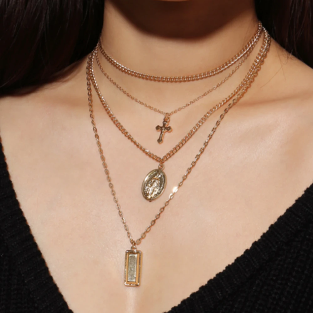 

Fashion Women Multi Layer Chain Boho Cross Drop Pendant Necklace Choker Jewelry Multilayers Necklace