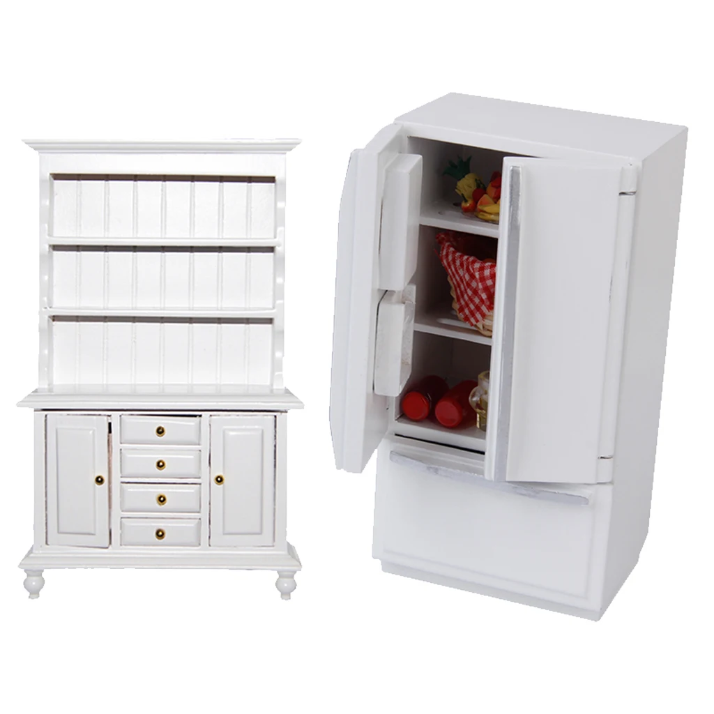 1/12 Dollhouse Miniature Wood Fridge & Cabinet Shelf Cabinet Model Kitchen Furniture Decoration White
