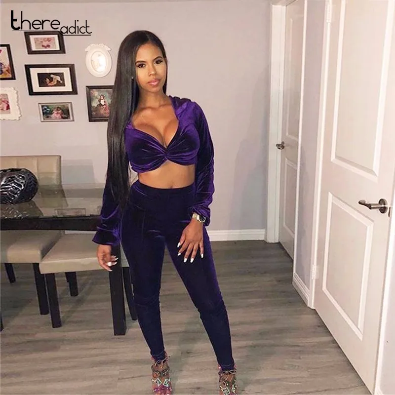 

New Women Autumn Winter Velvet Hooded Tracksuit Two Piece Set Off Shoulder Cross V Neck Sweatshirt Pan Suit For Women