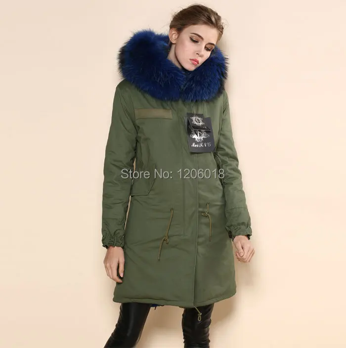 Теплая парка Зимний синий лисий мех Большой элегантный воротник пальто, пальто, поставка с завода по оптовым ценам