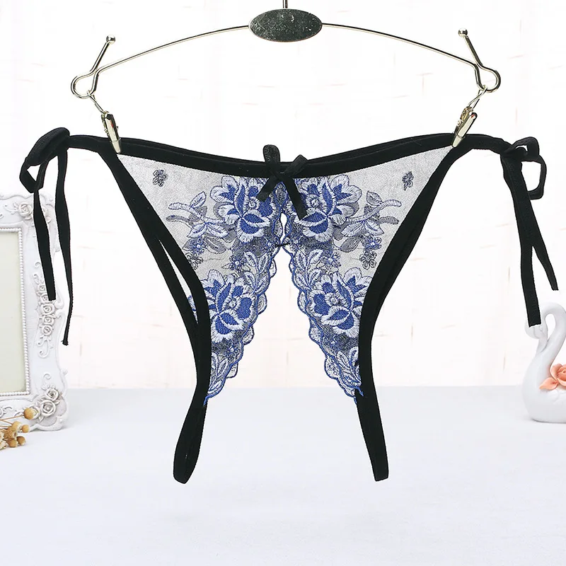 Women Sexy Lingerie hot erotic open crotch Panties Porn transparent Lace underwear crotchless underpants sex wear g-string - Color: Blue