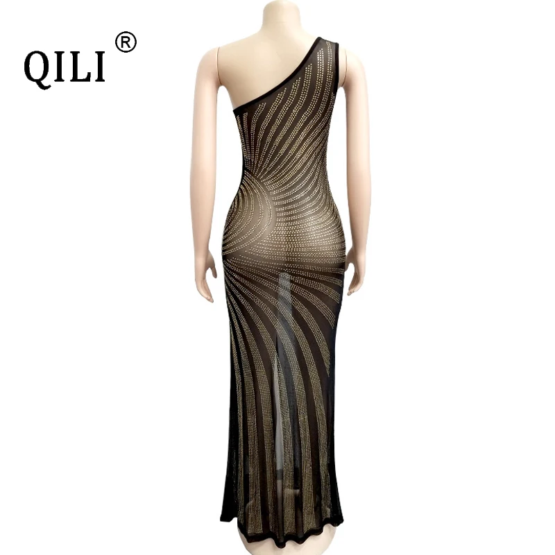 QILI Women One Shoulder Diamonds Dress Sexy High Split Mesh Rhinestone Long Maxi Dresses Evening Party Club Dress Gold